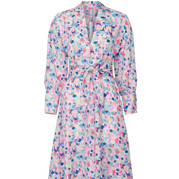 Paloma Blue Bronte Crepe de chine Tie Waist deep V Midi Dress Confetti print M - Picture 3 of 9